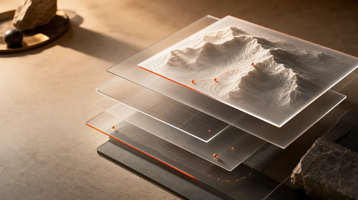 Layered translucent strategy panels stacked on a warm desk with one raised panel showing abstract topographic terrain.