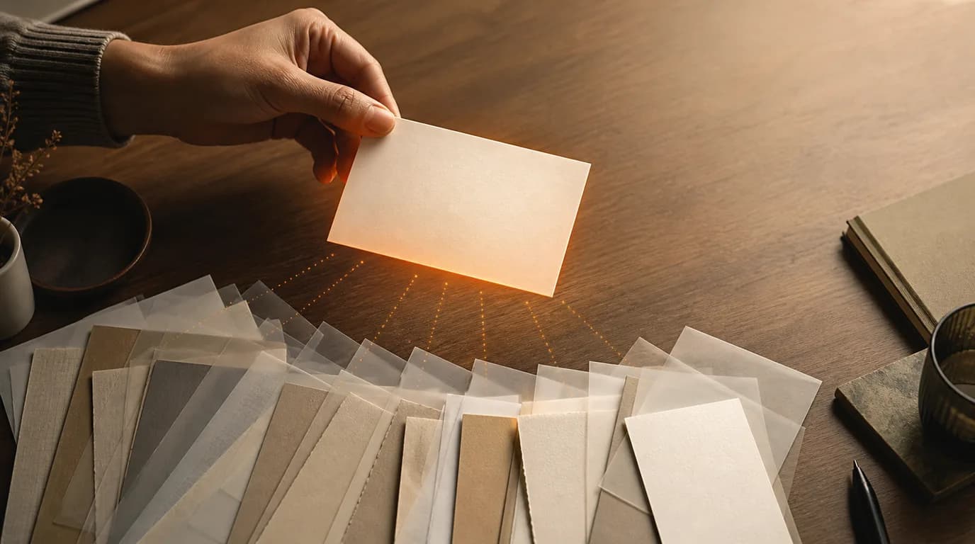 A hand lifting a single blank cream index card from a fanned arc of layered paper and vellum cards converging toward it on a warm wooden desk under soft orange-tinted light.