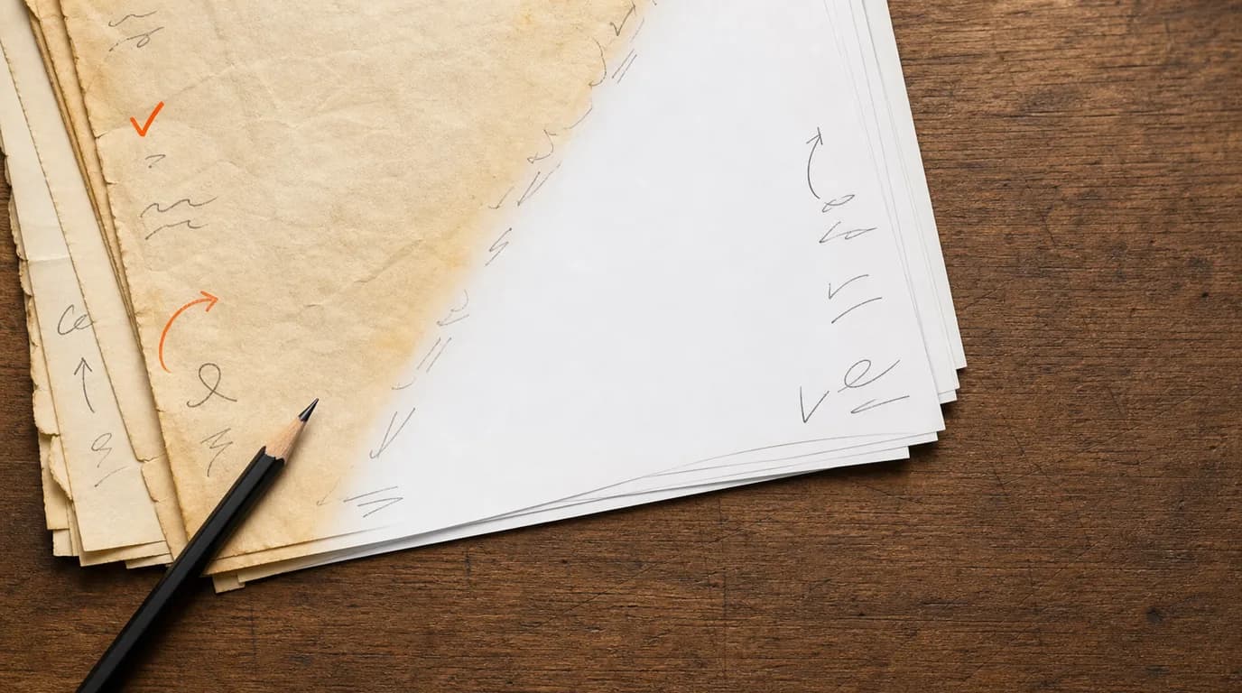 Yellowed paper pages transforming into crisp refreshed pages with abstract editorial proofing marks on a warm desk.